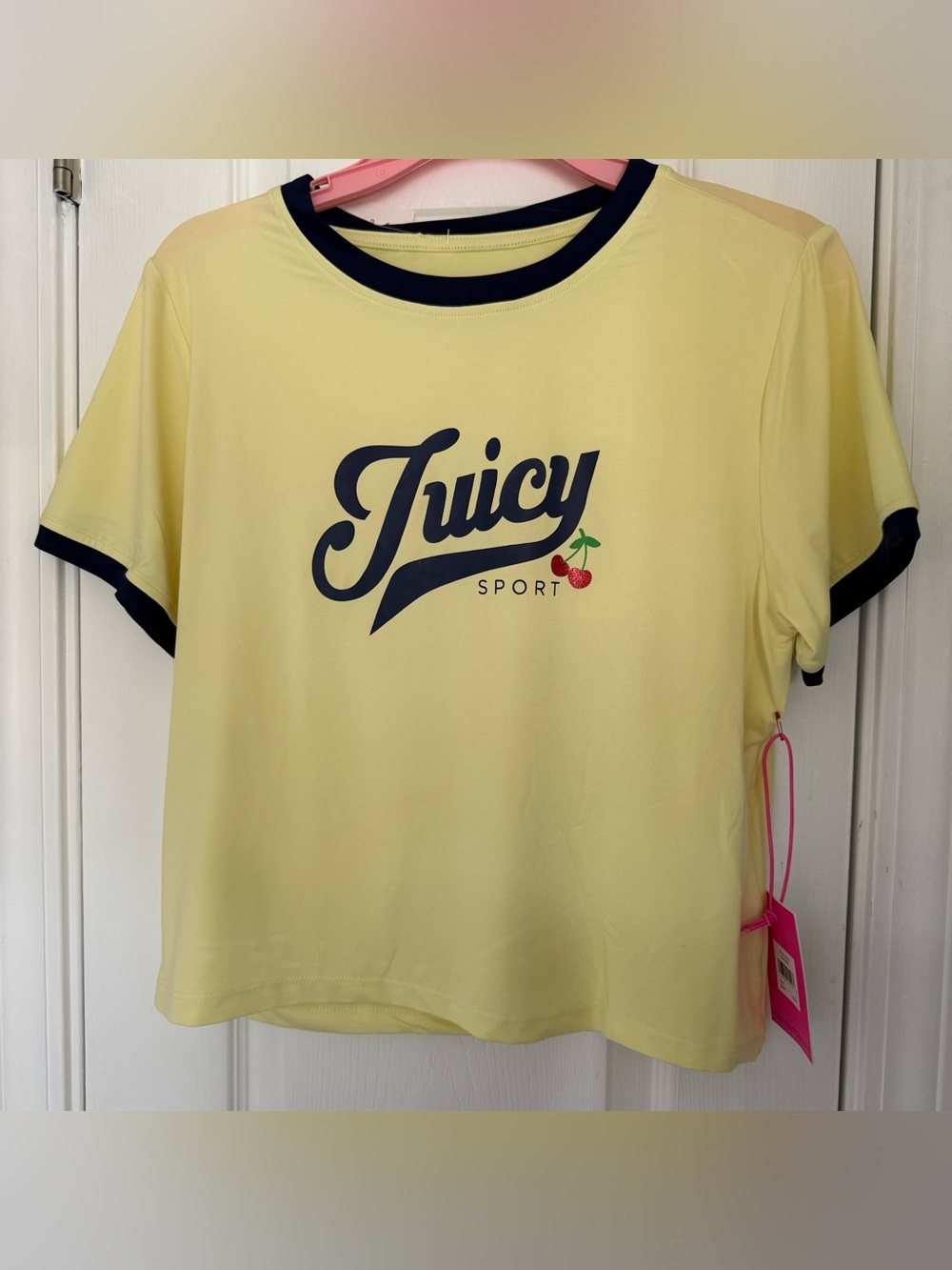 Juicy Couture "Juicy Sport" yellow ringer t-shirt featuring a cherry graphic nwt